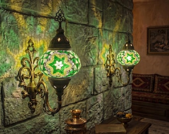 Handmade Turkish Mosaic Wall Sconces Lamp Set of 2 with 3 Color LED Bulb