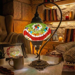 Handmade Turkish Moroccan Mosaic Table Lamp | Swan Neck Stained Glass Bedside Light | Boho Turkish Lamp with 3 Color LED Bulb