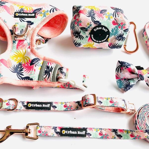 Pink Tropics Dog gift Set - Includes Dog Harness, Collar, Leash, Bowtie and Poo Bag holder. By Urban Ruff
