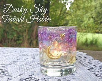 Moon and Stars Tealight Holder, Dusk Dawn Celestial Candle Holder, Astrology Space Home Decor, Constellation and Crescent Moon Candle Gift