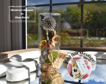 Globe Thistle Bouquet In Glass Bottle With Personalised Message, Quirky Echinops Bouquet Desk Decor, Thistle Lover Everlasting Flower Gift