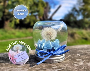 Dandelion and Blue Hydrangea Glass Globe With Personalised Message, Wildflower Desk Shelf Accessory, Everlasting Dandelion Garden Wish Gift