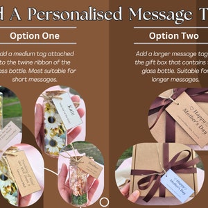 Add a personalised gift message for your recipient! Choose between two options - medium message tag attached to the twine of the glass bottle, which measures 4.5cm x 2.5cm, or a large message tag on the package box, which is about 8cm x 4cm.