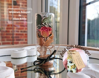 Pink Rose Bouquet in Glass Bottle With Gift Message, Mothers Day Mini Flower Bouquet Gift For Mum, Birthday Anniversary Rose Gift For Wife