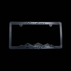 2 Pack 'Adventure Awaits' Mountain License Plate Frames | Matte Black For US/Canada Cars & Trucks