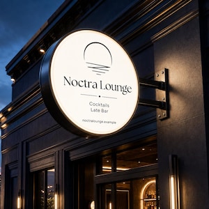 May include: A circular, illuminated sign for Noctra Lounge mounted on a dark building exterior. The sign features a black sun-and-horizon graphic, the text Noctra Lounge, Cocktails, Late Bar, and the website address noctralounge.example.