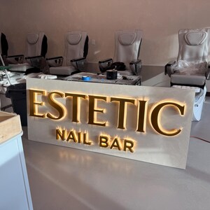 Large Business Sign, Silver Brushed Metal Reception Logo with Halo Light image 11