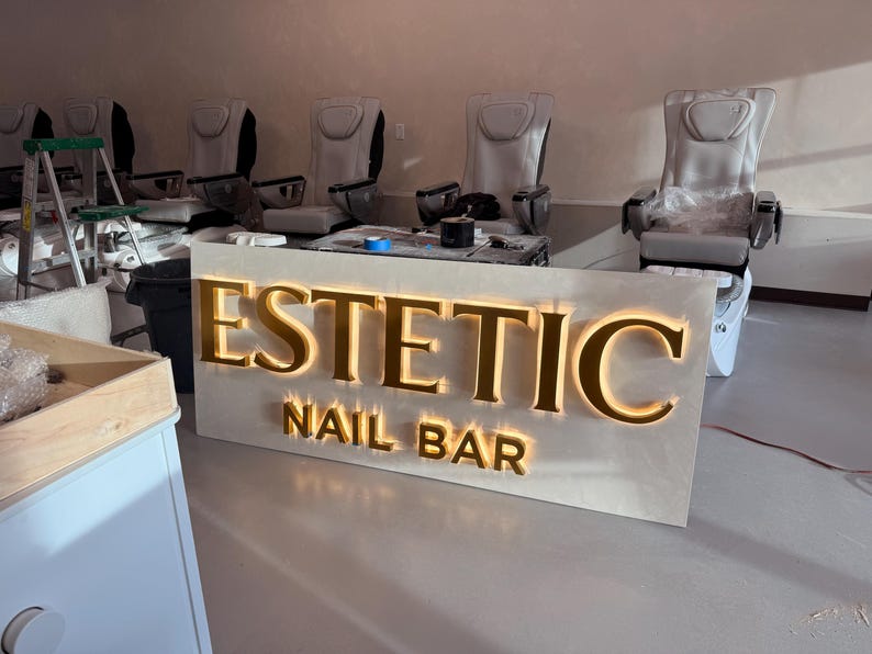Large Business Sign, Silver Brushed Metal Reception Logo with Halo Light image 11