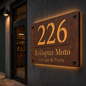 Könnte beinhalten: Ein rechteckiges, rostfarbenes Metallschild an einer dunklen Wand mit der Nummer 226 und dem Text Railspur Moto Garage & Parts. Das Schild ist von hinten warm beleuchtet, wodurch die ausgeschnittenen Zahlen und Buchstaben hervorgehoben werden.