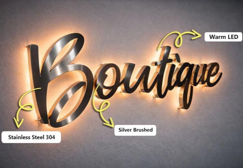 Large Business Sign, Silver Brushed Metal Reception Logo with Halo Light image 6