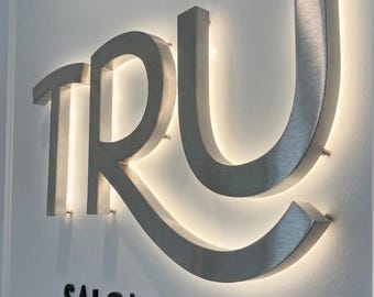 Custom Backlit Business Sign, 3D Brushed Silver Metal Logo, LED Illuminated Wall Sign for Office & Salon, Outdoor Halo Lit Storefront Decor