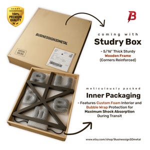 May include: A metal sign with the letters "RUM" in a 3D style. The sign is packaged in a sturdy wooden box with foam interior for protection during shipping. The box is labeled "Businesssign3Dmetal".