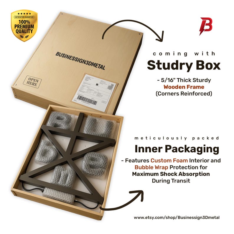 May include: A metal sign with the letters "RUM" in a 3D style. The sign is packaged in a sturdy wooden box with foam interior for protection during shipping. The box is labeled "Businesssign3Dmetal".
