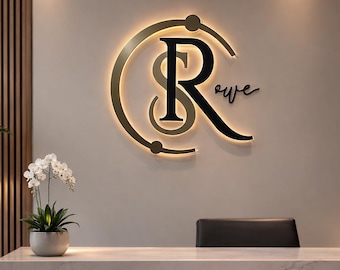 Modern Office Logo Sign, Custom 3D Backlit Business Wall Sign, Metal LED Logo