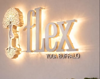 Minimalist Office Wall Sign, Custom 3D Metal Logo, Modern Reception Backlit Sign