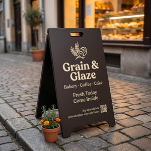 May include: A dark brown A-frame sidewalk sign with a handle cutout at the top. The sign features gold text reading Grain & Glaze, Bakery, Coffee, Cake, Fresh Today, Come Inside, and a QR code with the handle @grainandglaze and website URL.