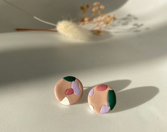 Polymer Clay Earrings + Lightweight + Circle + Abstract + Earth Tone + Brown + Post