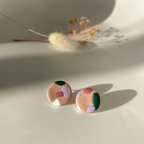 Polymer Clay Earrings + Lightweight + Circle + Abstract + Earth Tone + Brown + Post