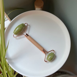 Jade Faceroller, Cold Massage Roller, Natural Jade Stone Facial Massage, Wood Handle