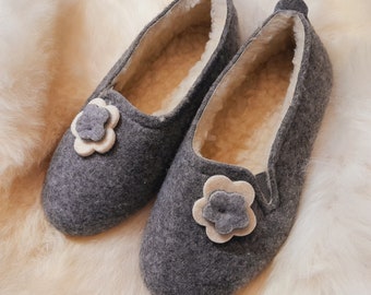 Women's Slippers Felt & natural sheep wool ballerina Flower