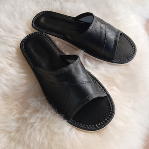 Women's slippers natural leather traditional genuine leather black slippers