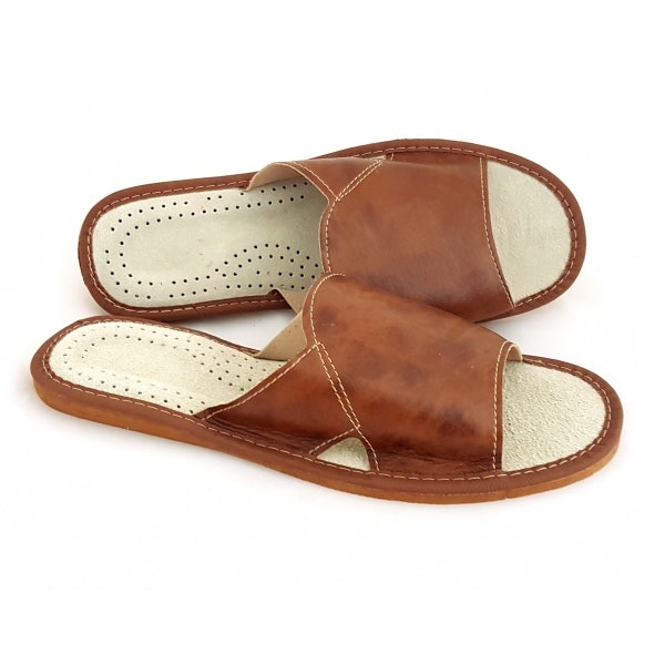 Men's slippers leather Summer brown