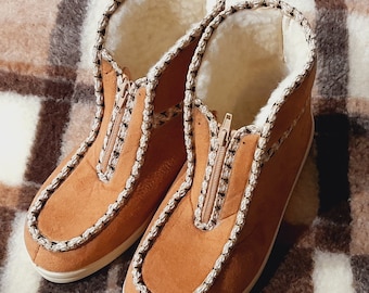 Warm Women's Slippers with natural sheep wool Tan Wool Slipper Boots