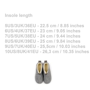 May include: A pair of gray felt slippers with a cream-colored lining. The image includes a size chart with measurements in both centimeters and inches, ranging from 22.5 cm (8.85 inches) to 26.3 cm (10.35 inches).