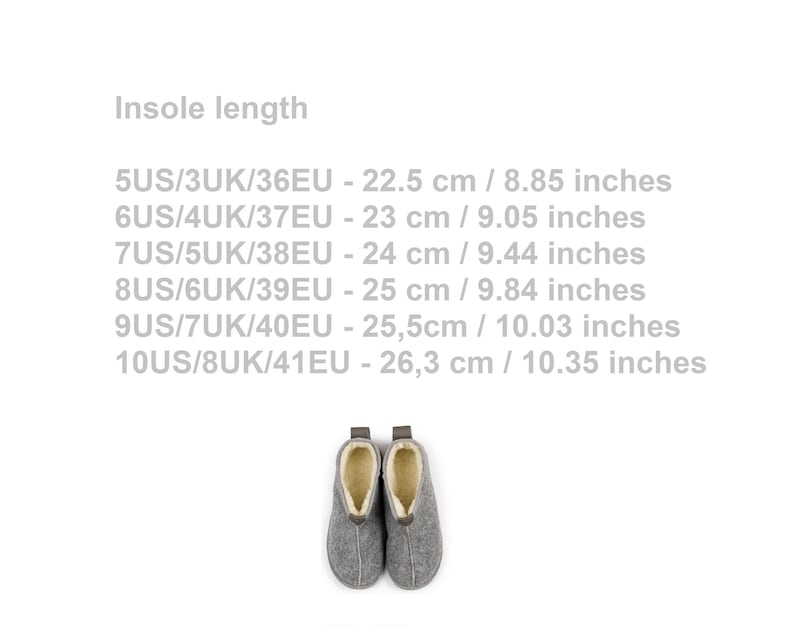 May include: A pair of gray felt slippers with a cream-colored lining. The image includes a size chart with measurements in both centimeters and inches, ranging from 22.5 cm (8.85 inches) to 26.3 cm (10.35 inches).