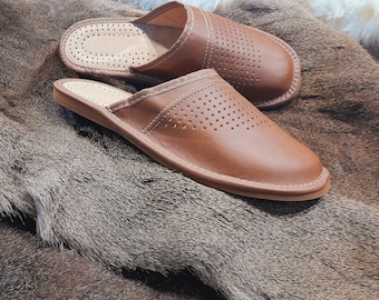 Men's house leather slippers , slip-on mule summer light brown