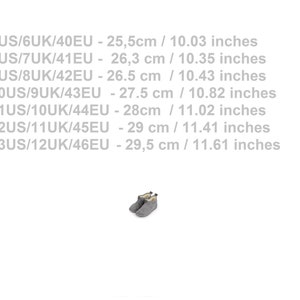May include: A chart showing men's shoe sizes in US, UK, and EU sizes, along with the corresponding measurements in centimeters and inches. The chart shows sizes 7US/6UK/40EU to 13US/12UK/46EU.