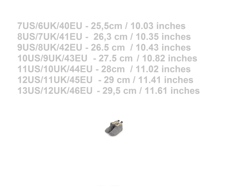 May include: A chart showing men's shoe sizes in US, UK, and EU sizes, along with the corresponding measurements in centimeters and inches. The chart shows sizes 7US/6UK/40EU to 13US/12UK/46EU.