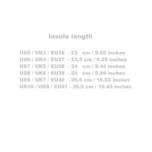 May include: Insole length chart for shoes, showing US, UK, and EU sizes with corresponding measurements in centimeters and inches.