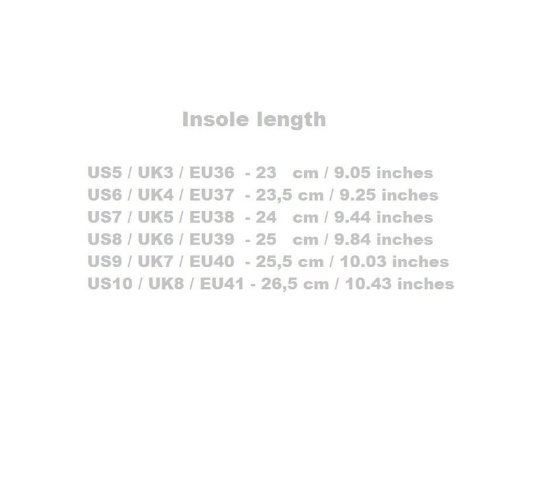 May include: Insole length chart for shoes, showing US, UK, and EU sizes with corresponding measurements in centimeters and inches.