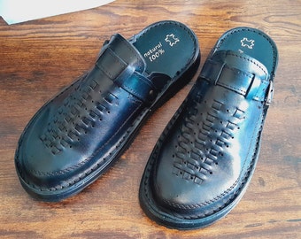US Handmade Leather Men's Sandals, Black Outdoor Clogs