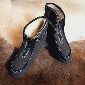 May include: A pair of dark gray felted wool slippers with white stitching and a white fleece lining. The slippers have a zip-up front and are designed for indoor use. The background features a light-colored fur.