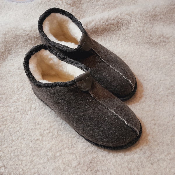 Women's Slippers graphite felt & natural sheeps wool warm winter slippers