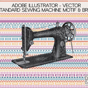 May include: A black and white illustration of a vintage Singer sewing machine with a decorative design on the side. The machine is surrounded by a background of colorful stitching patterns. The text "ADOBE ILLUSTRATOR - VECTOR 29 STANDARD SEWING MACHINE MOTIF & BRUSHES" is at the top of the image.