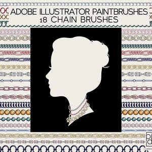 May include: A set of 18 chain brushes for Adobe Illustrator. The brushes are shown as a series of lines, each with a different chain design. The text "ADOBE ILLUSTRATOR PAINTBRUSHES 18 CHAIN BRUSHES" is at the top of the image.