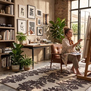 May include: A rectangular area rug featuring a cream-coloured base with a repeating dark brown floral pattern. The rug is positioned on a light-coloured floor in a room with a wooden bookshelf, a desk, a leather chair, and an artist painting on an easel.