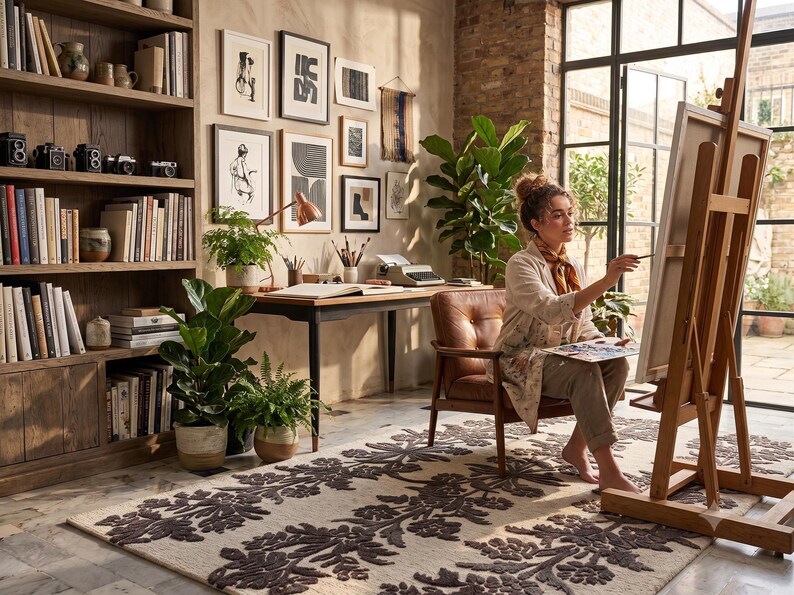 May include: A rectangular area rug featuring a cream-coloured base with a repeating dark brown floral pattern. The rug is positioned on a light-coloured floor in a room with a wooden bookshelf, a desk, a leather chair, and an artist painting on an easel.