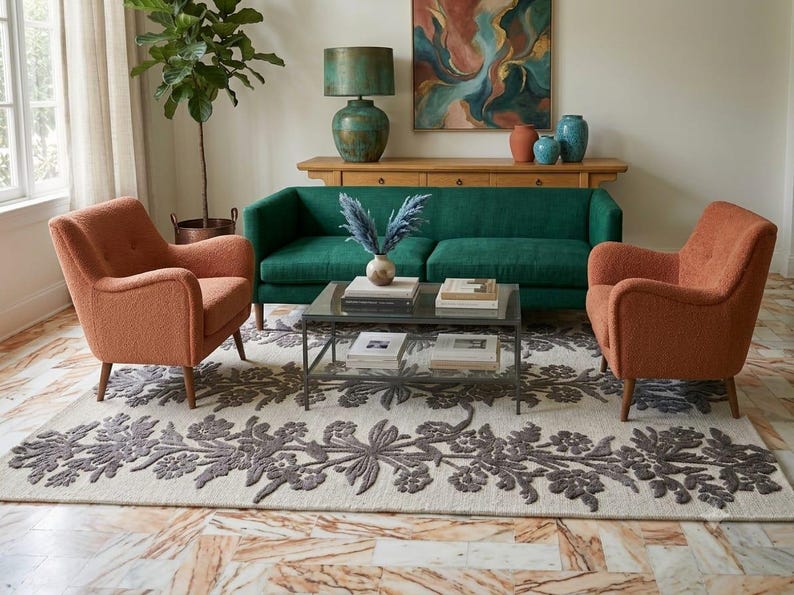 May include: A living room arrangement featuring a deep green sofa flanked by two textured orange armchairs. A glass-topped coffee table sits on a cream-coloured area rug with a dark grey floral pattern. A wooden console table holds a lamp and vases.