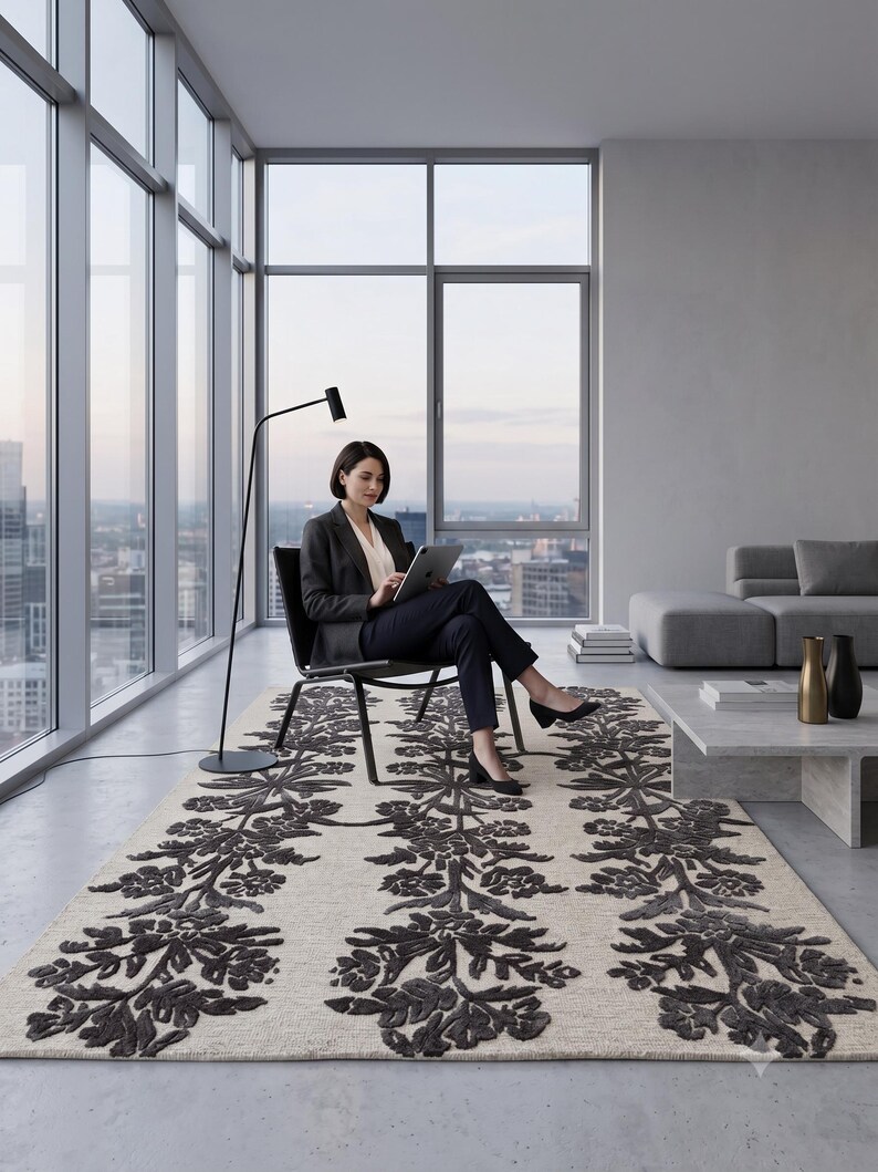 May include: A rectangular area rug featuring a light beige base with three vertical columns of dark charcoal floral and botanical patterns. The rug has a textured, raised pile design that creates a distinct contrast against the neutral background.