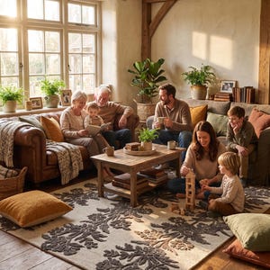 May include: A large rectangular area rug featuring a cream-coloured base with a prominent dark brown floral pattern. The rug is positioned on a wooden floor and is surrounded by several solid-coloured floor cushions in shades of mustard yellow and olive green.