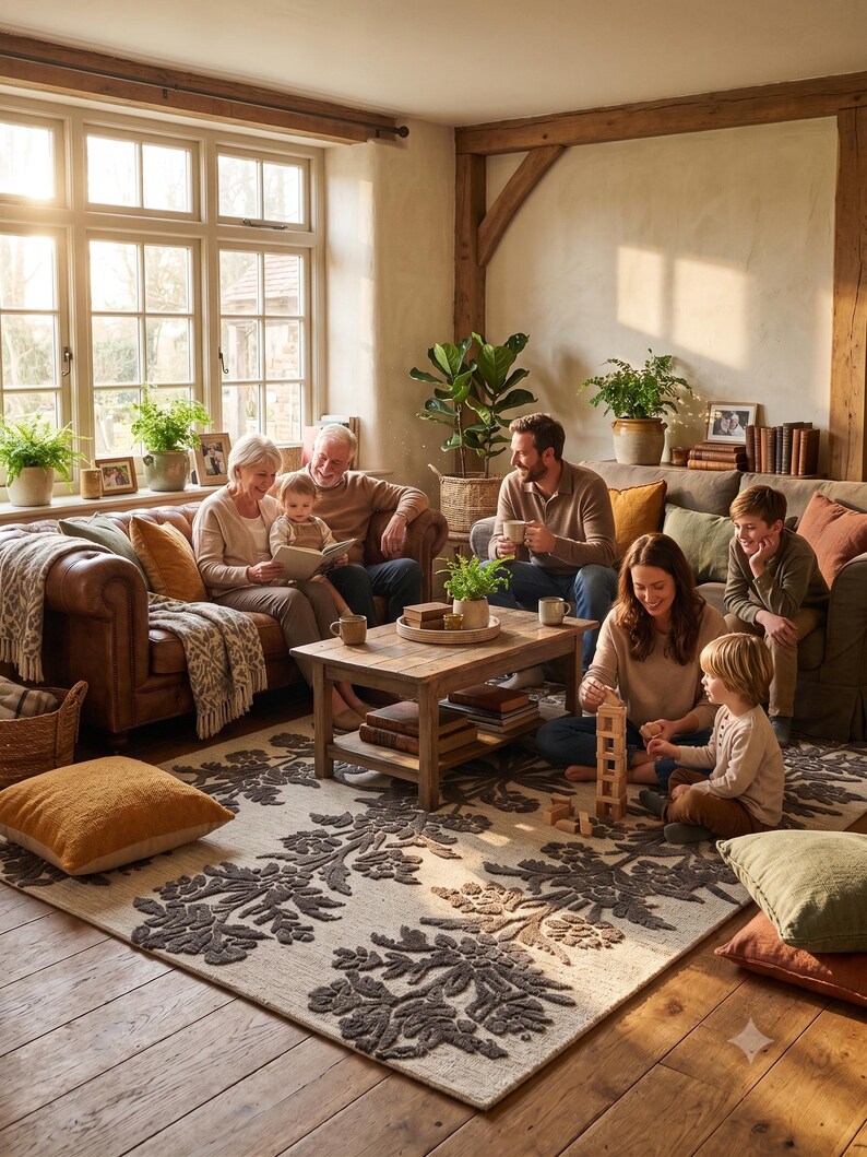 May include: A large rectangular area rug featuring a cream-coloured base with a prominent dark brown floral pattern. The rug is positioned on a wooden floor and is surrounded by several solid-coloured floor cushions in shades of mustard yellow and olive green.