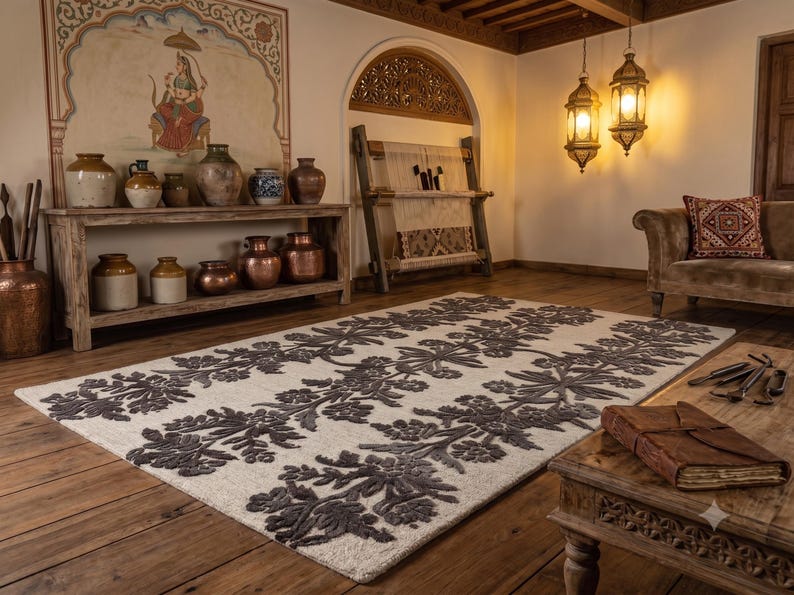 May include: A rectangular area rug featuring a cream-coloured base with a repeating dark grey floral pattern. The design consists of symmetrical, stylised botanical motifs arranged in vertical columns across the surface of the textile floor covering.