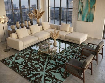 Modern Abstract Branch Area Rug, 3D Textured Wool Carpet, Sky Blue Brown Organic Pattern
