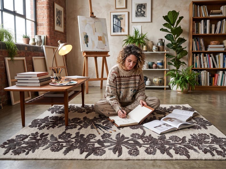 May include: A rectangular area rug featuring a cream-coloured base with a prominent, dark charcoal-grey floral and vine pattern embroidered across the surface. The rug has a textured, tufted appearance with a repeating botanical motif.