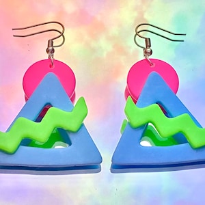 80’s Style Earrings (Green, Blue & Pink)