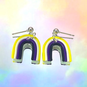 May include: A pair of earrings featuring a rainbow design in yellow, white, purple, and black. The earrings are made of polymer clay and have silver hooks.
